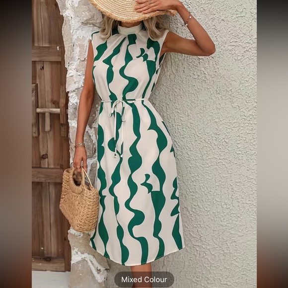 Wave Print Tie Back Dress, Vacation Sleeveless High Neck Midi Dress, - Picture 3 of 4